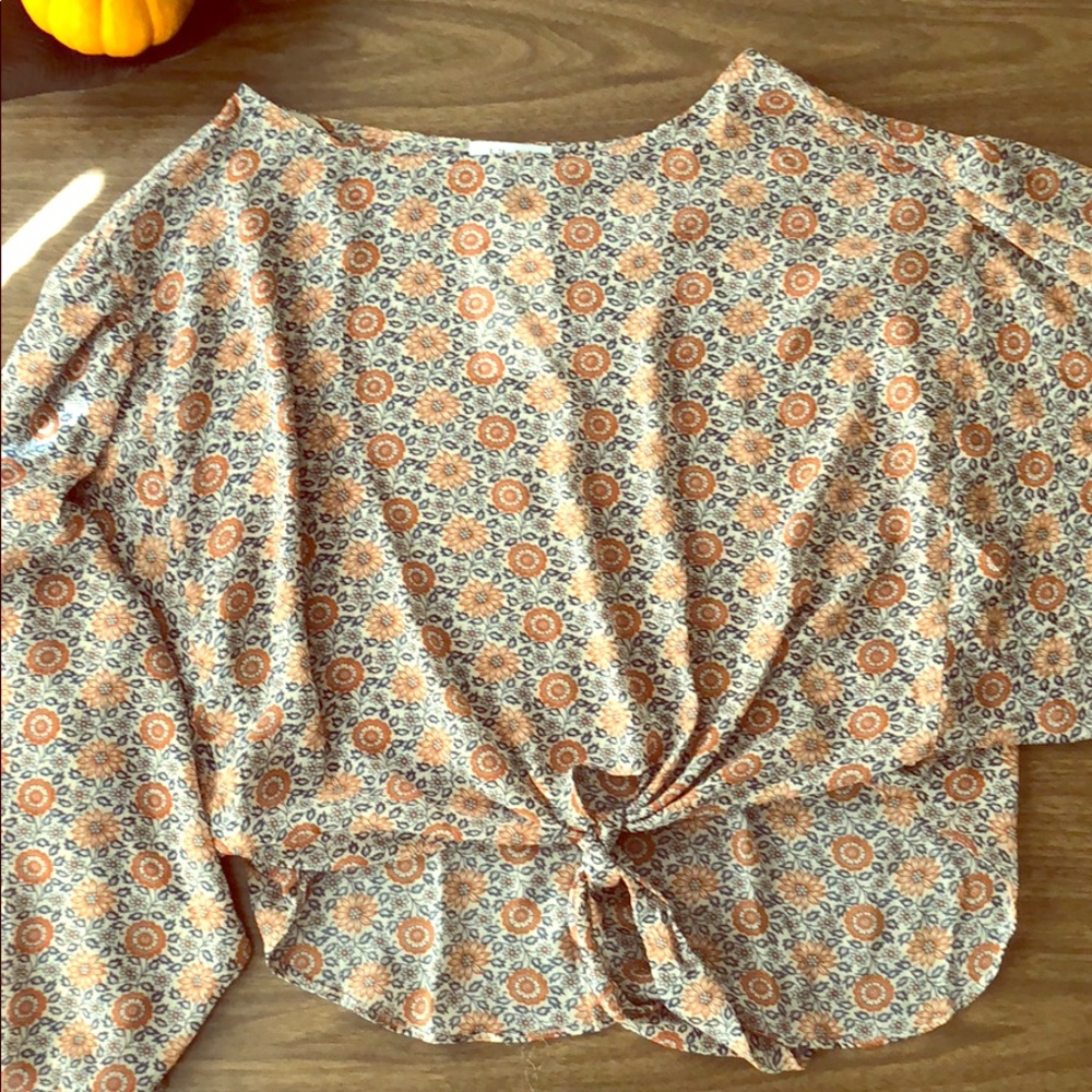 Vintage Mono Print Tie Front Blouse